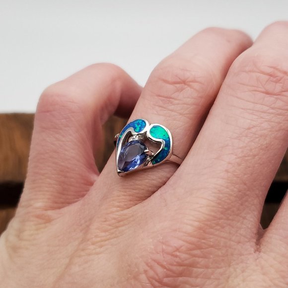 Size 7 925 Sterling Silver Fancy Purple Cubic Zirconia And Blue Green Opal Ring - Picture 3 of 8
